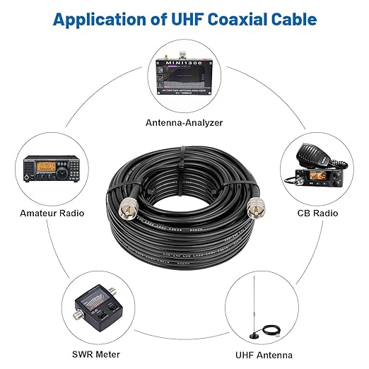 RG8x Coaxial Cable 100ft,CB Coax Cable 50 Ohm,UHF PL259 Male to Male Low Loss CB Antenna Extension for HAM Radio,VHF Radio,SWR Meter,Dummy Load,Antenna Analyzer