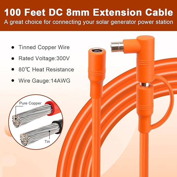 14AWG DC 8mm Extension Cable for Solar Panel 100FT,DC7909 Solar Panel Cable Female to Male with DC8020 Male Adapter Compatible with Aker,GZ Yeti,BLUETT,Jackery Portable Power Station-100 Foot