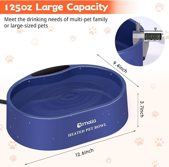 Heated Dog Water Bowl, Large Capacity 125oz Outdoor Heated Pet Bowl for Dog, Cat, Chicken and Squirrel, Thermal Bowl with Chew Resistant Power Cord, 35W