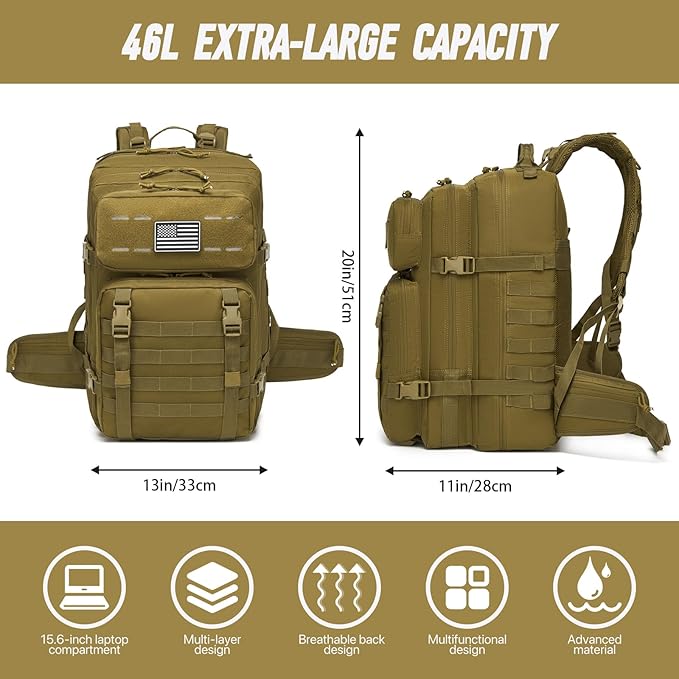 Tactical Backpack for Men, Water Resistant 45L Military Backpack, for Hiking, Camping, Gym with Molle System