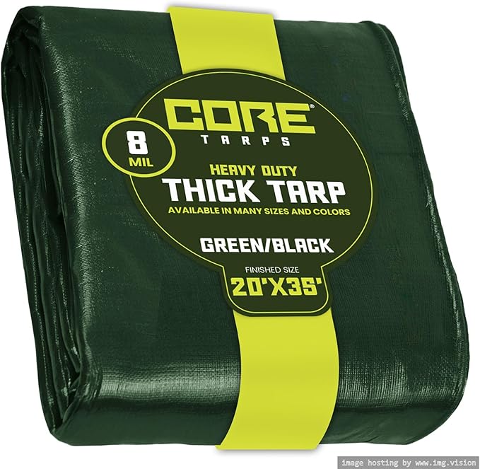 Core Tarps Heavy Duty 8 Mil Tarp Cover, Waterproof, UV Resistant, Rip and Tear Proof, Poly Tarpaulin with Reinforced Edges for Roof, Camping, Patio, Pool, Boat. (Green/Black 20′ X 35′)