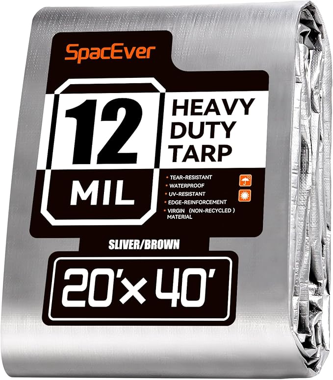 Tarp Heavy Duty 20x40 FT, 12 Mil Thick Large Tarps Water-Proof with Grommets, UV& Tear Resistant, Plastic Cover for Pool Roof Tent Outdoor Firewood, Silver& Brown