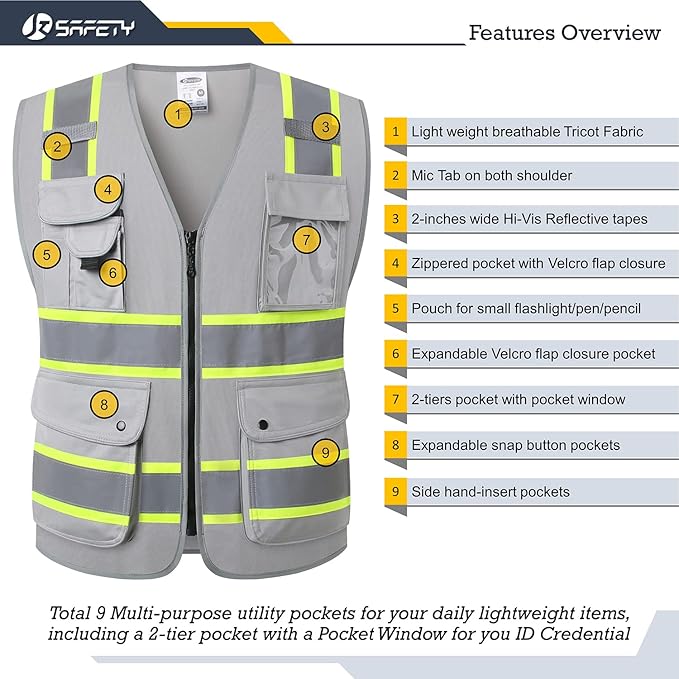 JKSafety 9 Pockets Hi-Vis Fluorescent Color Zipper Front Safety Vest with Neon Color Extended Yellow Trims for Men and Women Work Safety Utility (901-Grey XL)