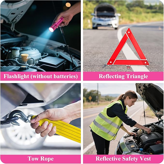 Car Roadside Emergency Kit, Vehicle Truck Safety Emergency Road Side Assistance Kits with Jumper Cables, Auto Air Compressor Tire Inflator, Pink