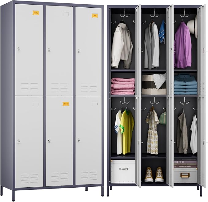 Metal Lockers for Employees with 6 Doors and 18 Hooks, 72”H Storage Locker with Card Slot for Office Gym School Bedroom, White and Gray, Assembly Required
