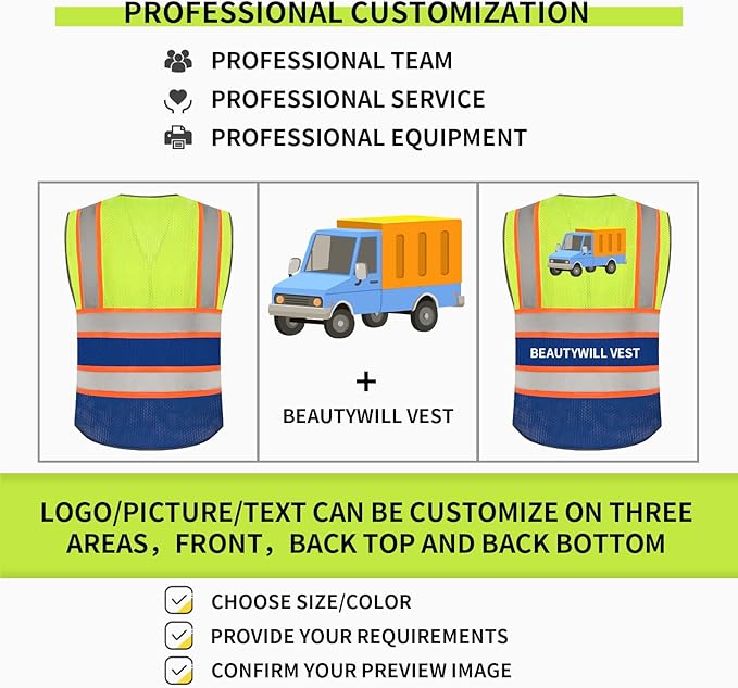 BeautyWill 10 Pack Custom Logo Safety Vest ANSI Class 2 High Visibility Reflective Vest Personalized Construction Vest Bulk