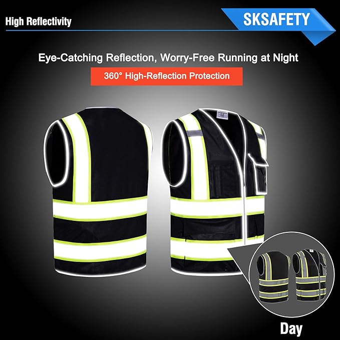 SKSAFETY 10 Pockets Safety Vest, Class 2 High Visibility Security with Zipper, Hi Vis Vest with Reflective Strips, ANSI/ISEA Standard, Construction Work Vest for Men ＆ Women （Black, 2XL）
