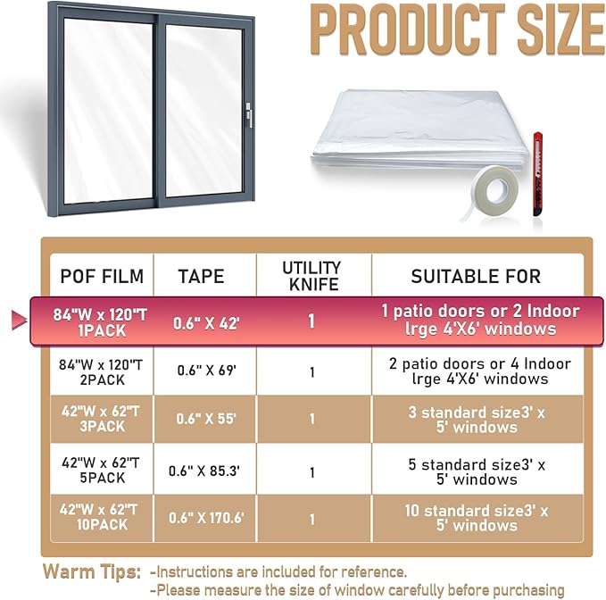 Window Insulation Kit for Winter,Plastic Shrink Film Indoor Thermal Seal to Block Drafts, Cold Air for Windows and Patio Doors，10-Pack（42"W x 62"T）