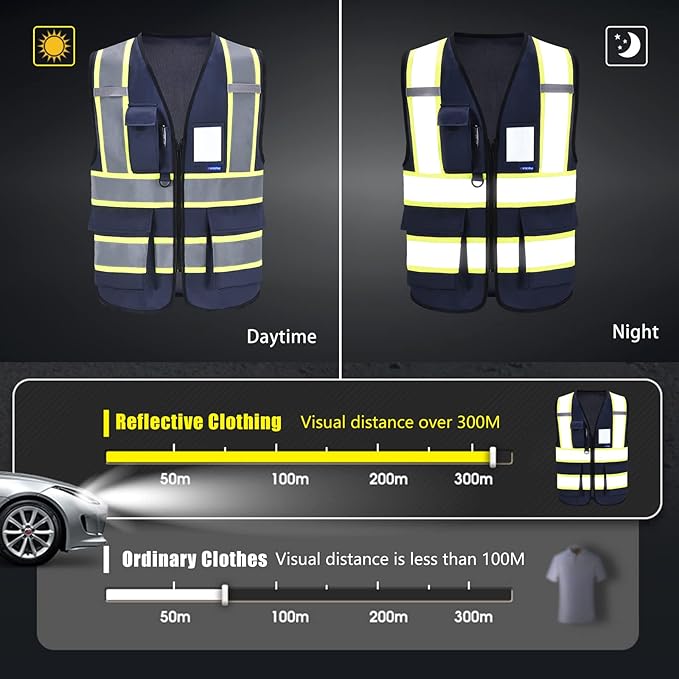 AYKRM Security Vest for Men Women 7 Pockets High Visibility Reflective Safety Vest Front Zipper Meets ANSI/ISEA