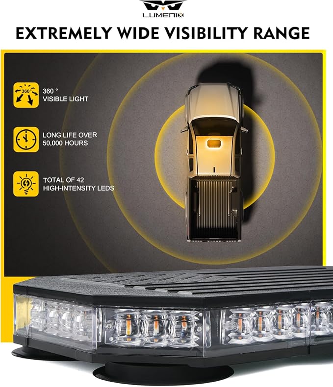 LUMENIX Amber 42 LED Rooftop Strobe Beacon Lights Magnetic Emergency Warning Traffic Flashing Light Bar for Construction Vehicles Snowplow Trucks Mail Postal (American Flag Pattern | Patented Design)