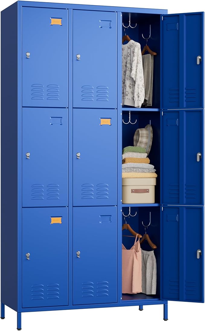 Metal Lockers for Employees with 9 Doors and 27 Hooks, 72”H Storage Locker with Card Slot for Office Gym School Bedroom, Blue, Assembly Required