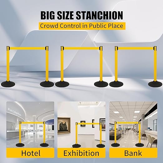 BESEA Crowd Control Stanchions with 10 FEET Retractable Belts, Water Filled Base Weighted Barriers Yellow Post 6PACK