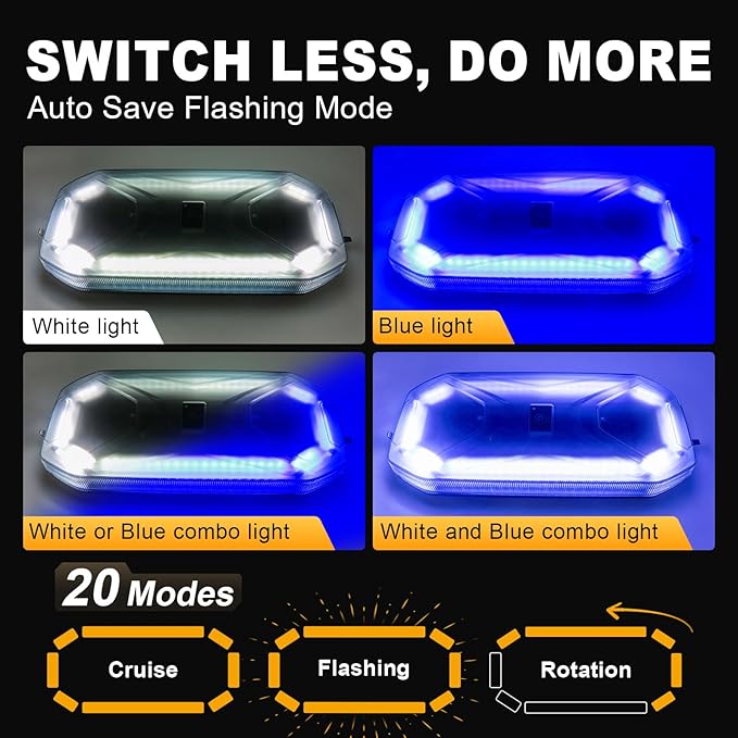 Agrieyes Magnetic Strobe Light for Trucks, 68 LED Amber Emergency Light Bar for Vehicles, Smoked LENS Beacon Flashing Warning Security Caution for Plow Snow Trailer Safety Waterproof White Blue