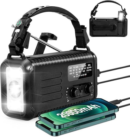 20000mAh/ 74000mWh Hand Crank Emergency Radio, AM/FM/NOAA Weather Radio, Battery Powered Solar Radio with USB Phone Charger, Reading Lamp Flashlight & SOS for Emergency (Black)