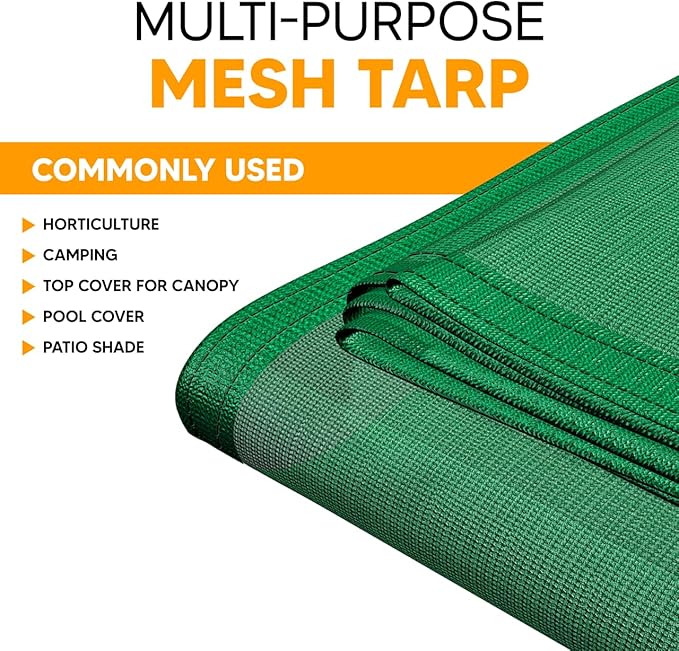 UV Resistant Green Mesh Tarps 8' x 16' - Rip & Tear Proof Resistant Polyethylene Mesh for Plant Garden, Greenhouse House Patio, Car, Truck, Boat or RV, 70% Sunblock Shade