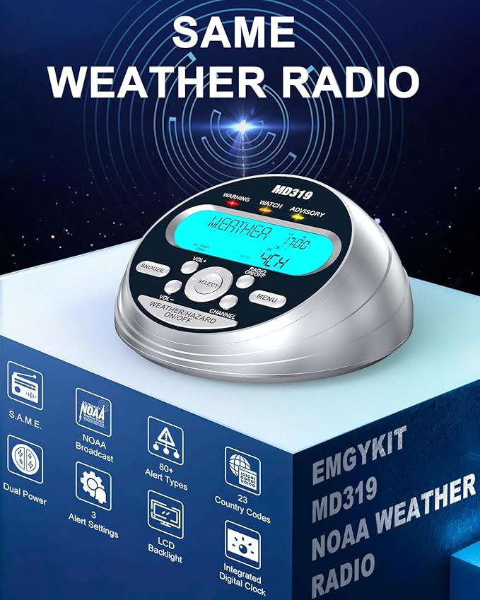 MD319 NOAA Weather Alert Radio with S.A.M.E Localized Programming, 23 County Codes & 80+ Emergency Alerts, Battery Backup, Alarm Clock, External Antenna and Warning Light for Home & Emergency