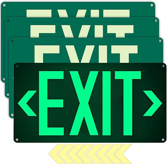 4Pack Photoluminescent Exit Sign Green, 14.25"x 7.5" Aluminum Glow In The Dark Exit Signs with Strong Adhesive Backing and 8pcs Removable Directional Arrows Glow In The Dark,Easy to install.