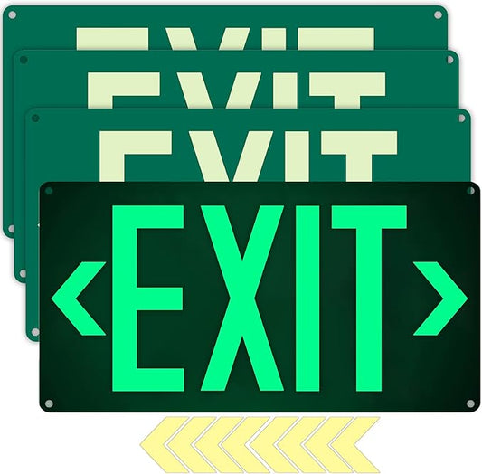 4Pack Photoluminescent Exit Sign Green, 14.25"x 7.5" Aluminum Glow In The Dark Exit Signs with Strong Adhesive Backing and 8pcs Removable Directional Arrows Glow In The Dark,Easy to install.