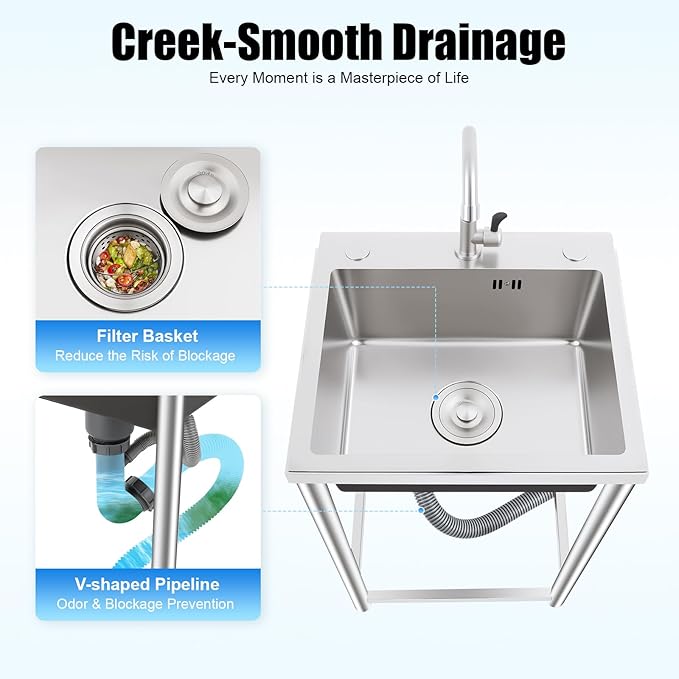 Utility Sink Free Standing Stainless Steel Single Bowl Kitchen Sink with 360° Rotatable Faucet and Strainer Basket Portable Sinks for Home Laundry Garage Commercial