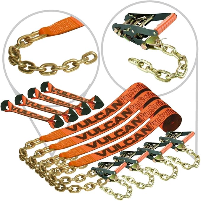 VULCAN 8-Point Roll Back Vehicle Tie Down Kit with Chain Tails on Both Ends - Set of 4 - Proseries