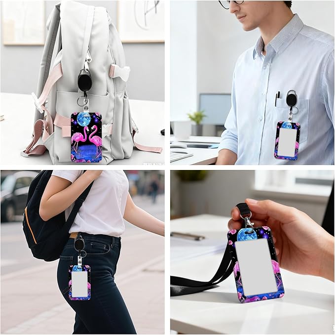 ID Badge Holder with Retractable Lanyard for Women & Men,Vertical ID Card Holder Wallet,Clear Window&Card Slot,Detachable Neck Strap for Nurse Teacher Office,Pink Flamingos