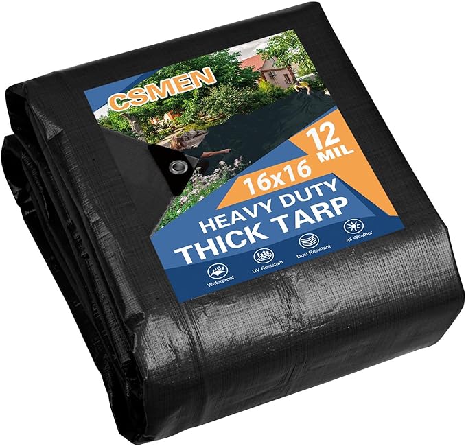 Tarp Heay Duty Waterproof 16x16ft,Black Tarp Cover Plastic Poly Tarpaulin for Outdoor Cover,Emergency Rain,Roof, Pool, Boat,Camping - Multipurpose with 12Mil Thickness