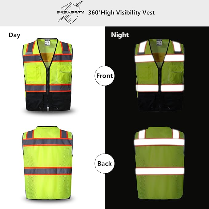 SKSAFETY 10 Pocket Hi Vis Safety Vest, Class 2 High Visibility with Zipper, Reflective Strips (Lime Black, 5XL)