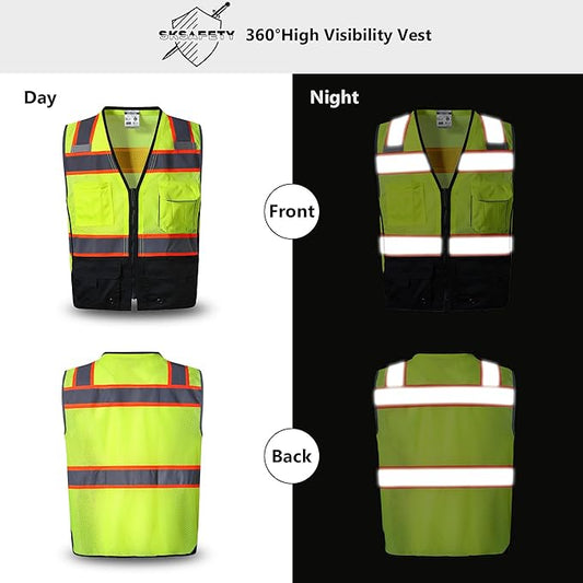SKSAFETY 10 Pockets Professional Safety Vest, Class 2 High Visibility, ANSI/ISEA Standard, Construction Work Vest (Lime Black, 4XL)