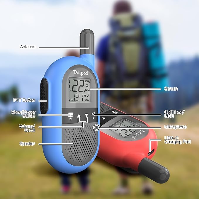 Talkpod F40 Walkie Talkies 2 Pack for Kids, Adults, Handheld FRS 2 Way Radio with Li-ion Battery 22CH Family Walkie Talkie with VOX LCD Display for Outside Adventures, Camping, Hiking (Red ＆ Blue)