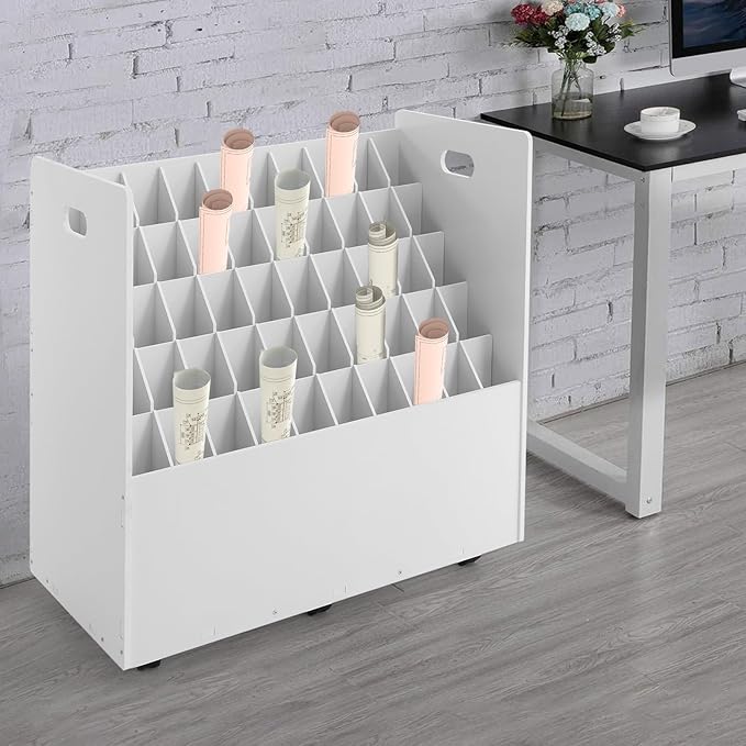 Blue Print Storage Organizer, 50 Slot Mobile Roll File Cart, Construction Plan Holders, Blueprint Cabinet with Wheels for Office Home Library