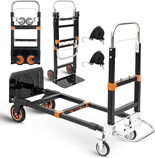 3 in1 Heavy Duty Convertible Hand Truck Dolly Cart, Folding Trolley Cart with Wheels, 600lbs Capacity for Transport Moving in Warehouse, Supermarket, Equipment (Orange)