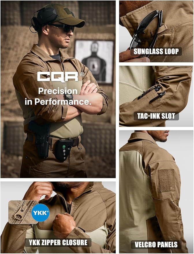 CQR Men's Combat Shirt Tactical 1/4 Zip Long Sleeve Military BDU Shirts Camo EDC Top with Pockets