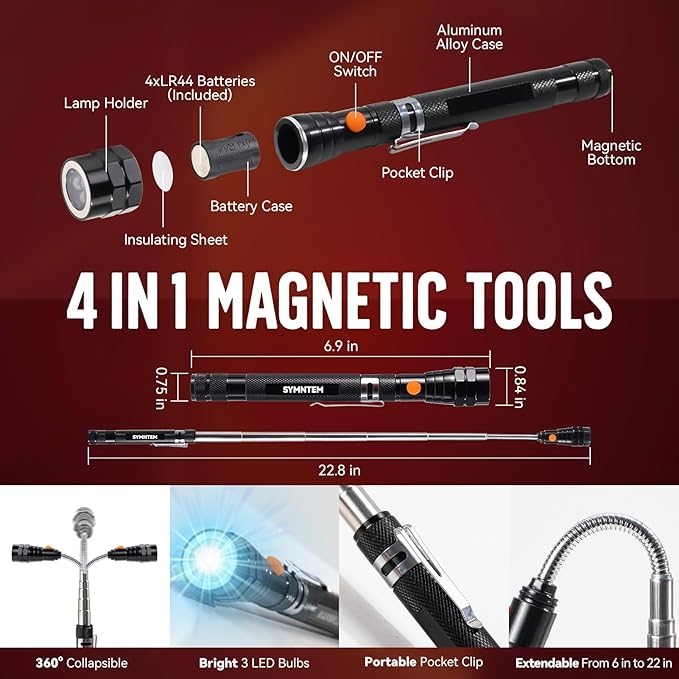 Gifts for Dad, Magnetic Pickup Tool, 6-in-1 Multitool Pen,Includes Touch Screen Stylus, Rulers, Bubble Level, Screwdrivers, Ballpoint Pen, Christmas Gifts Stocking Stuffers for Men, Black