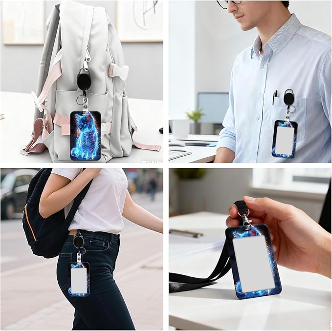 ID Badge Holder with Retractable Lanyard for Women & Men,Vertical ID Card Holder Wallet,Clear Window&Card Slot,Detachable Neck Strap for Nurse Teacher Office,Neon Blue Kitten