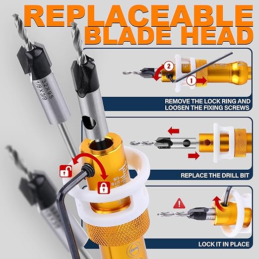 Countersink Drill Bits Set with Depth Stop (1/8", 9/64", 5/32",3/8”,1/2”), Quick Change Hex Shank Countersink Drill with Phillips Bit for Wood, Plastic, Woodworking