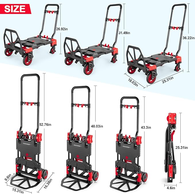 2-in-1 Folding Hand Truck Dolly 330LB Load Carrying, Hand Truck Foldable Dolly with Retractable Handle and 4 Rubber Wheels, Portable Folding Hand Cart for Moving/Travel/Office(Red)