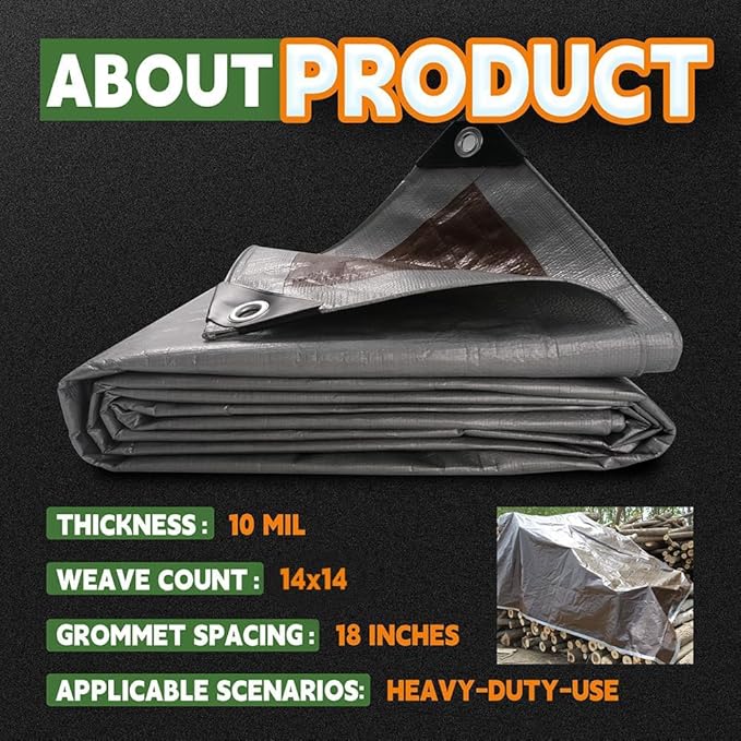 RAINDEWAY Tarps Heavy Duty Waterproof 30x40 Feet,10Mil Thick Multipurpose Large Tarp Cover with Metal Grommets and Reinforced Edges,Silver/Brown Tarp