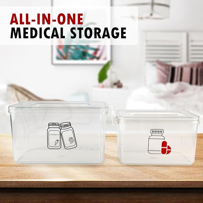 First Aid Box Empty and Vitamin Bottle Organizer Set, Clear Plastic Medical Box with Snap-Off Lid & Handle for Supplements Medicine Storage