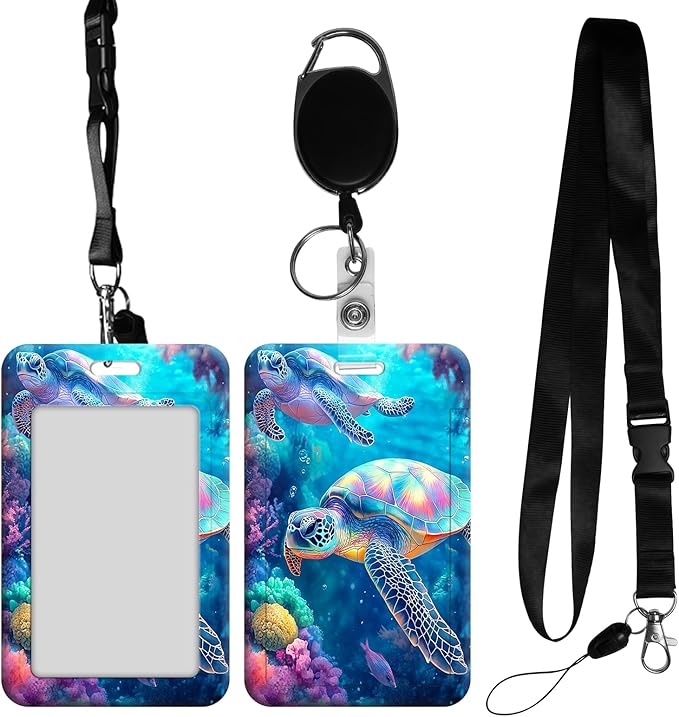 ID Badge Holder with Retractable Lanyard for Women & Men,Vertical ID Card Holder Wallet,Clear Window&Card Slot,Detachable Neck Strap for Nurse Teacher Office,Tropical Turtles Coral Reef