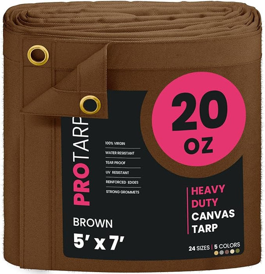 PROTARP Extreme Heavy Duty 20 OZ Water Resistant Canvas Tarp, UV Resistant Tarpaulin Cover with Rustproof Brass Grommets, Multipurpose for Canopy, Roof, Camping, Woodpile (Brown 5'X7')