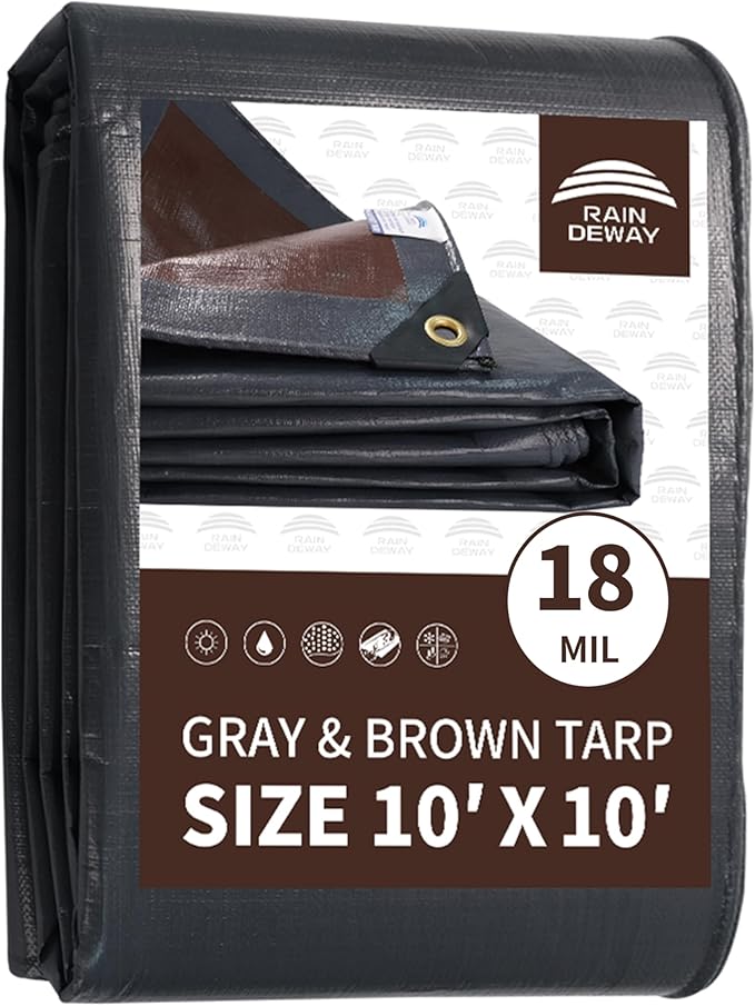 RAINDEWAY 10x10 Feet Super Heavy Duty Tarp 18 Mil, UV Resistant, Weatherproof, Multipurpose Waterproof Poly Tarp with Grommets and Reinforced Edges, Brown/Gray Tarps