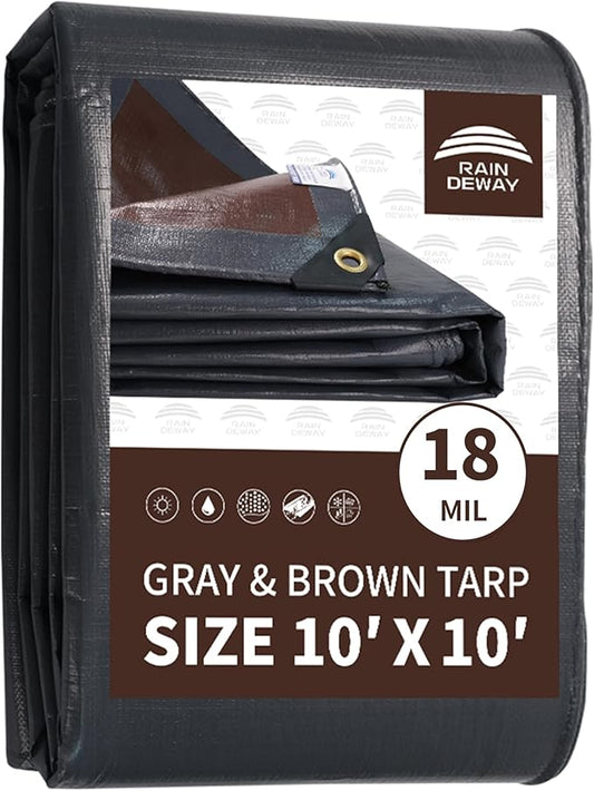 RAINDEWAY 10x10 Feet Super Heavy Duty Tarp 18 Mil, UV Resistant, Weatherproof, Multipurpose Waterproof Poly Tarp with Grommets and Reinforced Edges, Brown/Gray Tarps