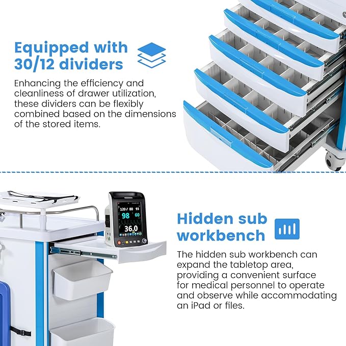 5-Tier Medical Cart, Hospital Emergency Rolling Crash Carts with Adjustable IV Pole, Silent Casters, Trash Bin & O2 Holder, Needle Disposal Holder - Ideal Nursing Trolley for Clinics, Hospitals