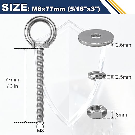 8 Pack M8 Stainless Steel Eye Bolts with Nuts, 5/16" x 3" Long Lifting Ring Eye Bolt， Eye Bolts Heavy Duty for Hang Tie Down Outdoor (8, M8x77mm (5/16"x3"))