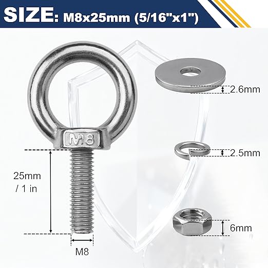 4 Pack M8 Stainless Steel Eye Bolts with Nuts, 5/16" x 1" Long Lifting Ring Eye Bolt， Eye Bolts Heavy Duty for Hang Tie Down Outdoor (4, M8x26mm (5/16"x1"))