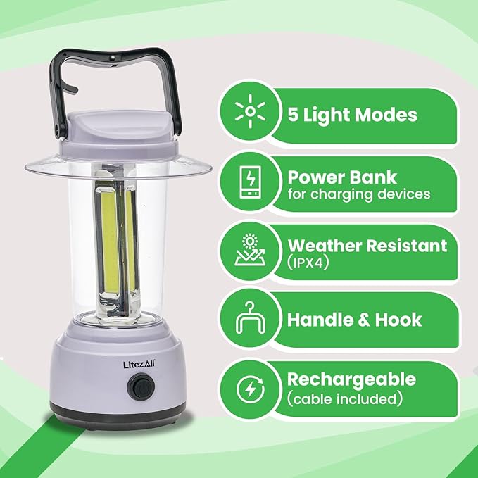 LitezAll 3500 Lumen Rechargeable Lantern – LED Lantern Rechargeable with Power Bank, Dimmable Camping Lantern, Rechargeable Lanterns for Power Outages & Camping