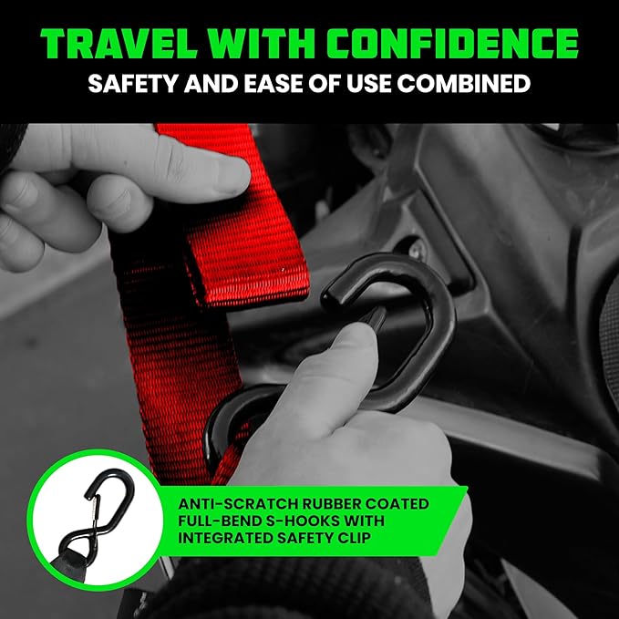 Rhino USA Motorcycle Tie Down Straps (2 Pack) Lab Inspected 2,200lb Break Strength, Steel Cambuckle Tiedown Set with Integrated Soft Loops - Better Than a Ratchet Strap (Red 2-Pack)