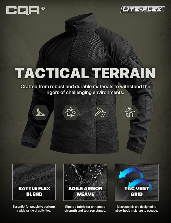CQR Men's Combat Shirt Tactical 1/4 Zip Long Sleeve Military BDU Shirts Camo EDC Top with Pockets