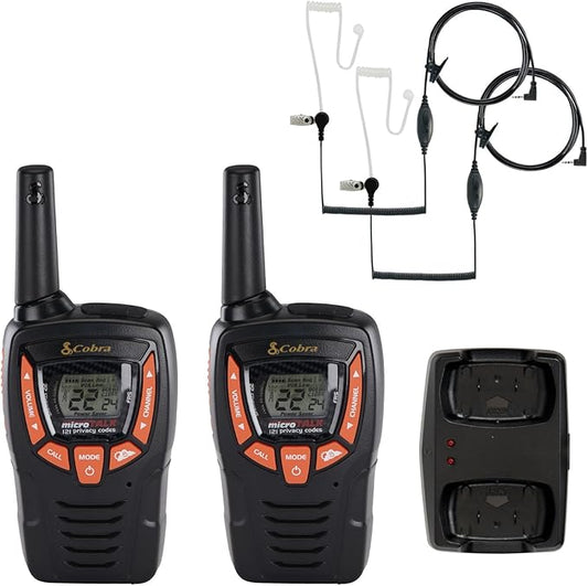 Cobra ACXT390 Walkie Talkies & Compatible Cobra Surveillance Headset - Rechargeable, 22 Channels, Long-Range, 2 Two-Way Radios, 2 Headsets, Black/Orange
