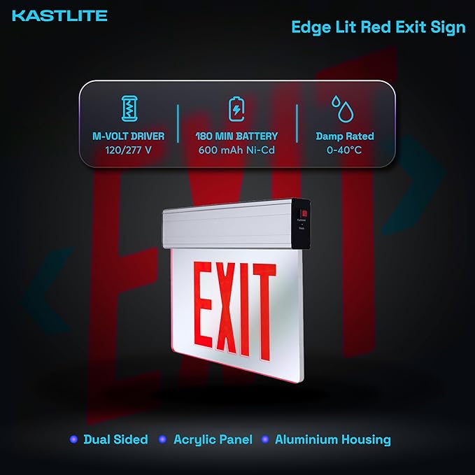 KastLite LED Emergency Edge-Lit Exit Sign, 180 Min Backup, Damp Rated, Red Letters, UL Listed, 120/277V, Acrylic Panel - 1 Pack